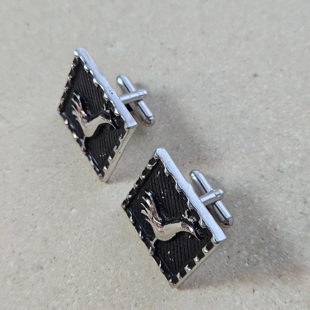 Vtg 60s 70s Large‎ Silver Tone Rooster Square Cufflinks Textured Modernist